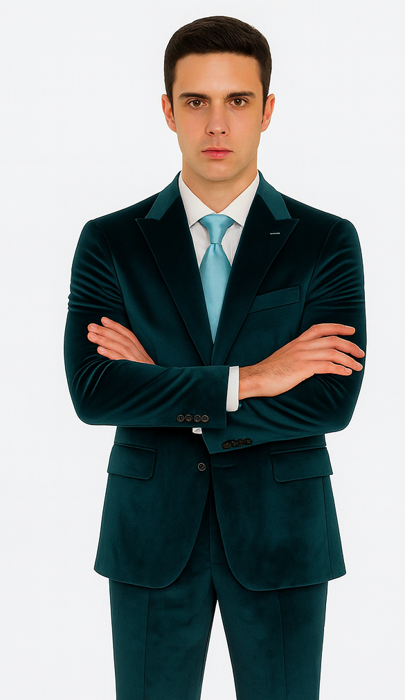 Teal velvet men's suit: two-piece, peak lapel, slim fit. Textured fabric with blazer front pockets. A formal, stylish choice.