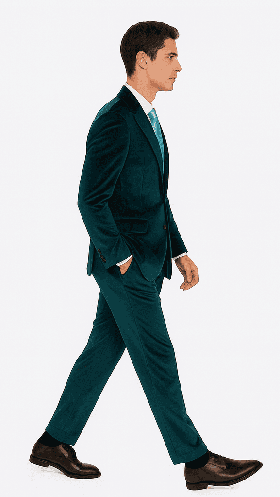 Teal velvet men's suit: two-piece, peak lapel, slim fit. Features a single-button jacket and tapered trousers. Includes a light blue tie for a formal look.