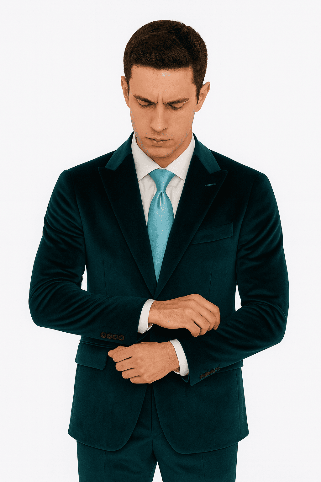 Formal Teal Velvet Suit for Men – 2-Piece Peak Lapel Slim Fit by Tazzio