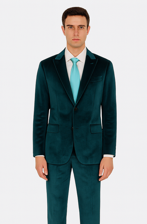 Formal teal velvet men's suit: two-piece set with slim fit and peak lapels. Soft, smooth velvet in a rich teal color. Jacket with single-button closure & front pockets. Matching tailored trousers.