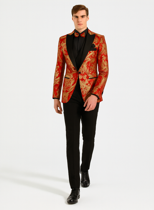 Red Gold Modern Fit 3 Piece Suit with Matching Bow Tie