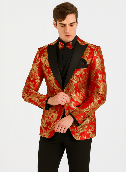 Red Gold Modern Fit 3 Piece Suit with Matching Bow Tie