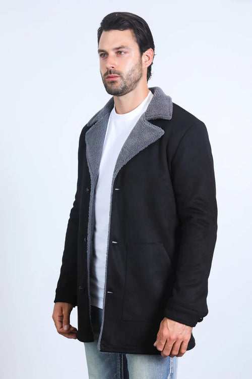 Western Style Long Black Faux Suede Coat for Men – Classic Cowboy Inspired Outerwear