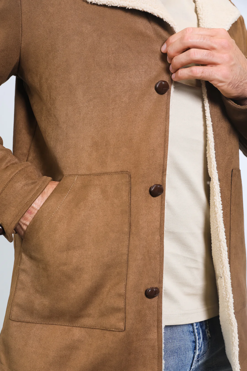 Mens Western Cowboy Long Coat – Brown Faux Suede Frontier Style Jacket