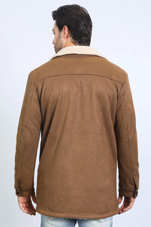 Mens Western Cowboy Long Coat – Brown Faux Suede Frontier Style Jacket