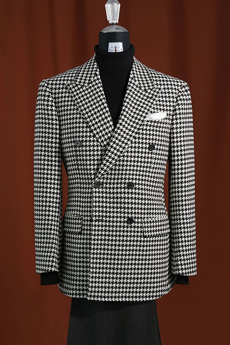 Men's modern fit houndstooth blazer. Black and white, 100% wool. Double-breasted, notched lapel, two flap pockets. Classic houndstooth pattern, tailored for a fitted look.