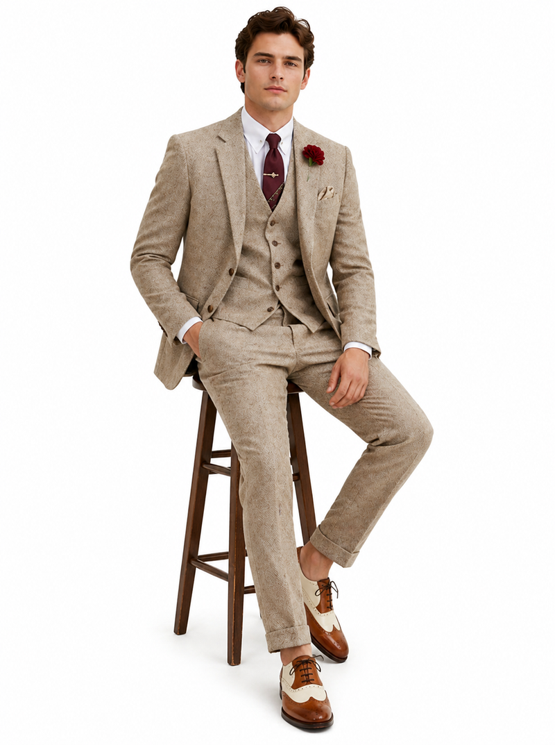 Men’s Light Tan Tweed Great Gatsby 3 Piece Suit – Vintage Vested Wedding Suit, 1920s Classic Formal Outfit Herringbone