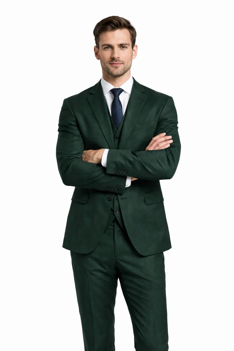 Men's Two Button Vested Notch Lapel Matching Vest and Basic Suit in Hunter Green