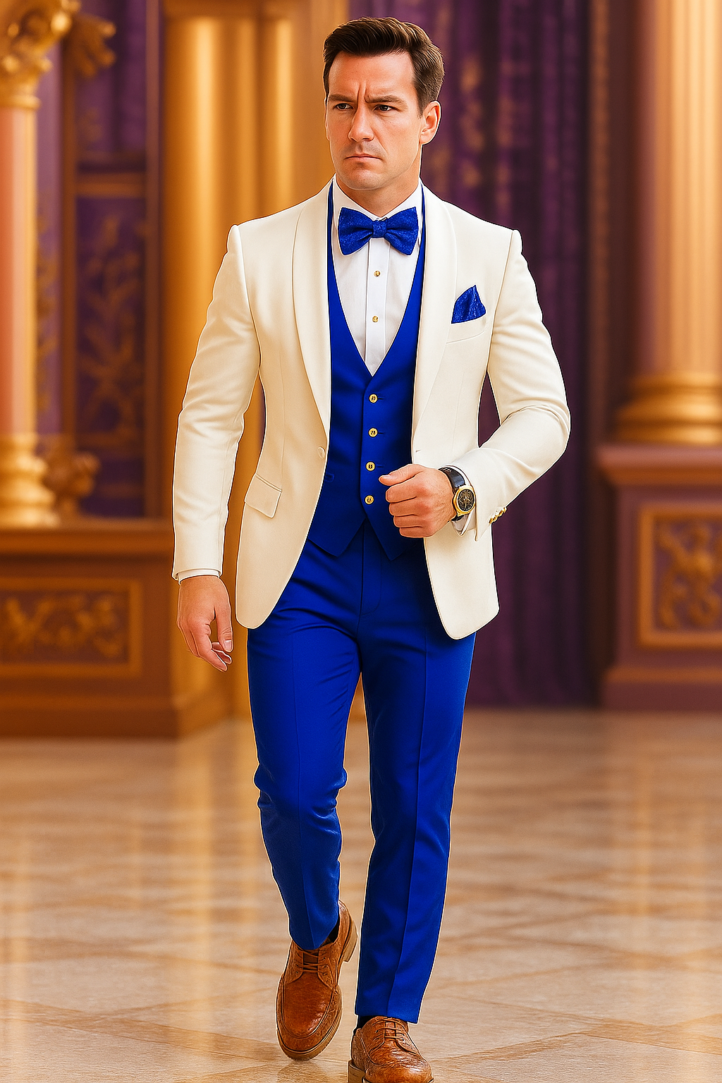 White and Royal Blue Tuxedo Wedding Suit - White Dinner Jacket + Vest + Pants + Bow-tie
