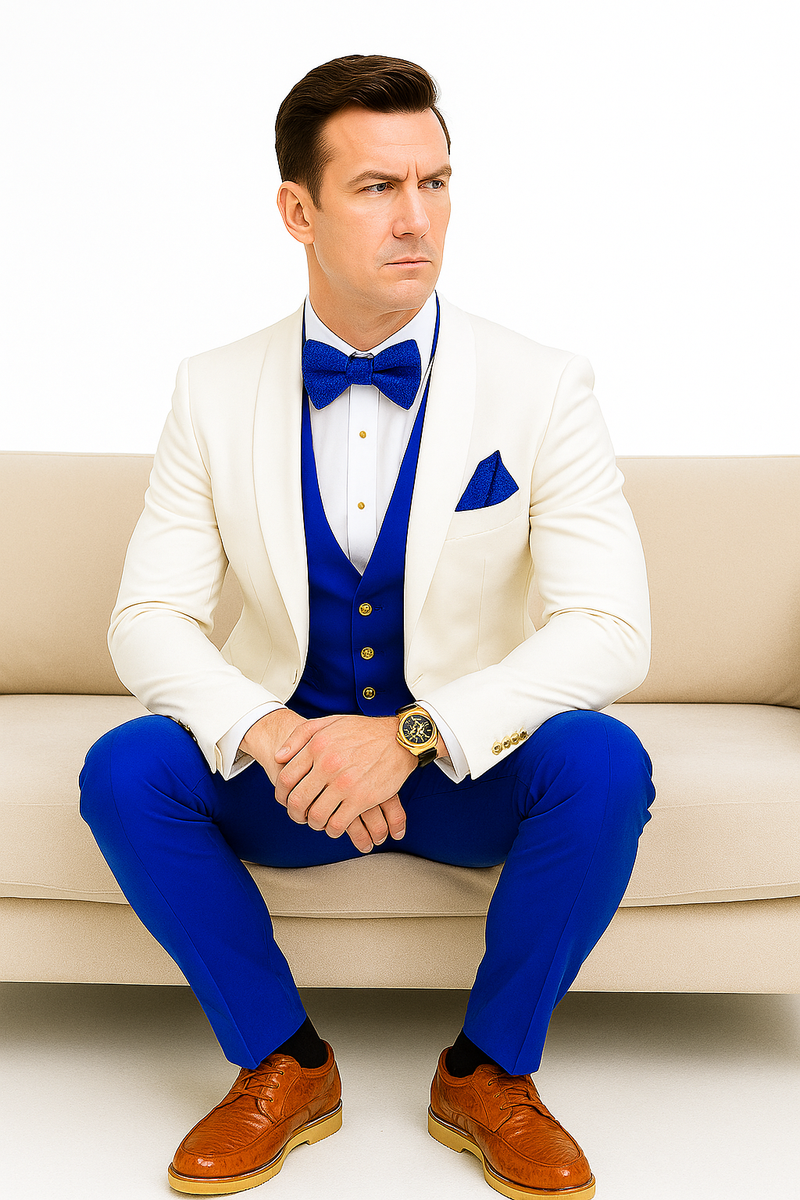 White and Royal Blue Wedding Suit – White Dinner Jacket, Vest, Pants & Bow Tie