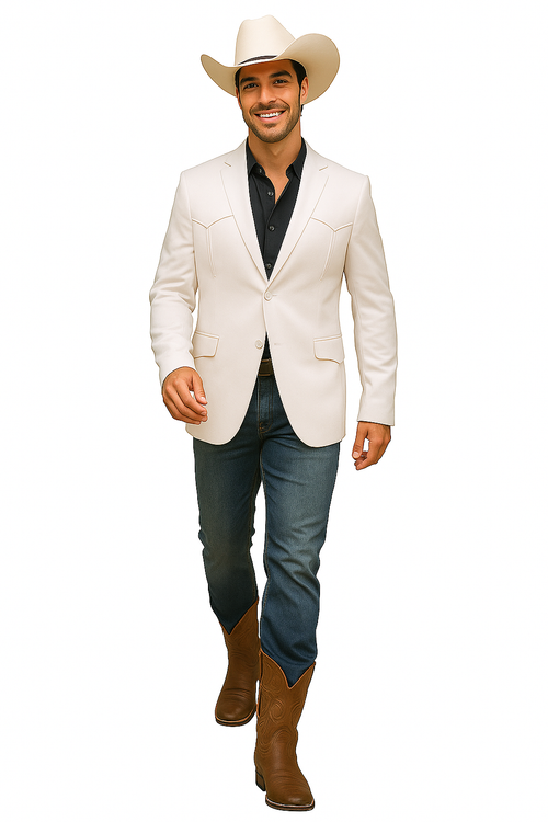 Men's white double-button western blazer. Fitted, visible stitching, notched collar, two front pockets. Smooth, solid color.