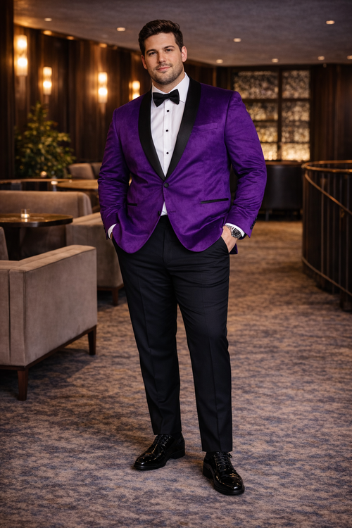 Mens 1 Button Velvet Tuxedo Dinner Jacket in Purple