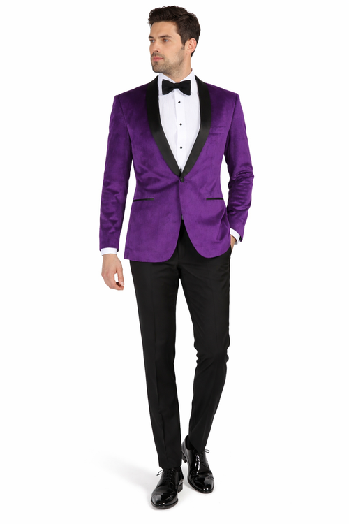 Mens 1 Button Velvet Tuxedo Dinner Jacket in Purple