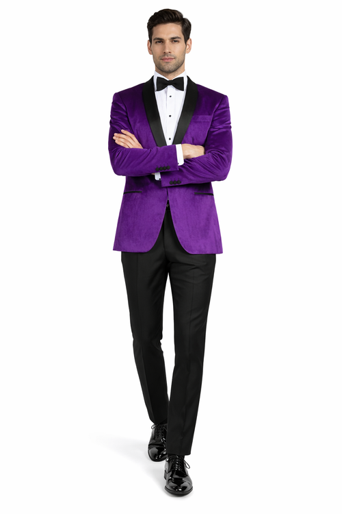 Mens 1 Button Velvet Tuxedo Dinner Jacket in Purple
