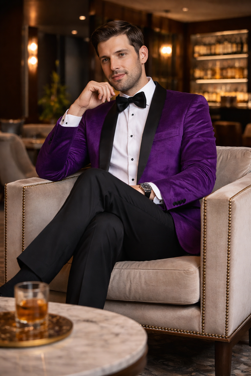 Mens 1 Button Velvet Tuxedo Dinner Jacket in Purple