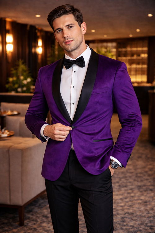 Mens 1 Button Velvet Tuxedo Dinner Jacket in Purple
