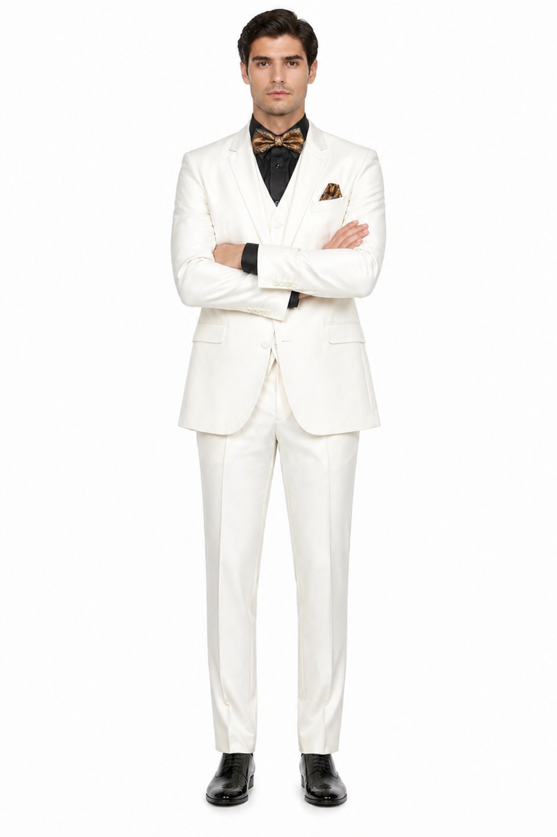 Mens 2 Button Notch Lapel 3 PC Suit With Vest Off-White