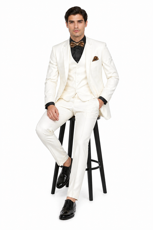Mens 2 Button Notch Lapel 3 PC Suit With Vest Off-White