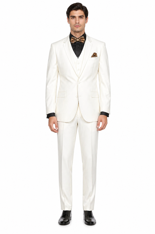 Mens 2 Button Notch Lapel 3 PC Suit With Vest Off-White
