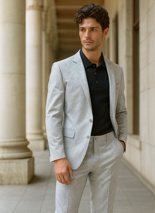 Mens 2 Button Slim Fit Paisley Prom Suit in Silver