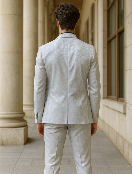 Mens 2 Button Slim Fit Paisley Prom Suit in Silver