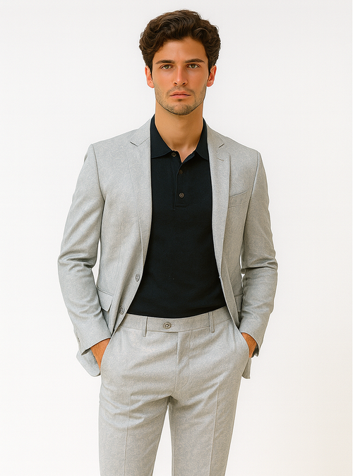 Mens 2 Button Slim Fit Paisley Prom Suit in Silver