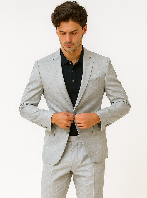 Mens 2 Button Slim Fit Paisley Prom Suit in Silver