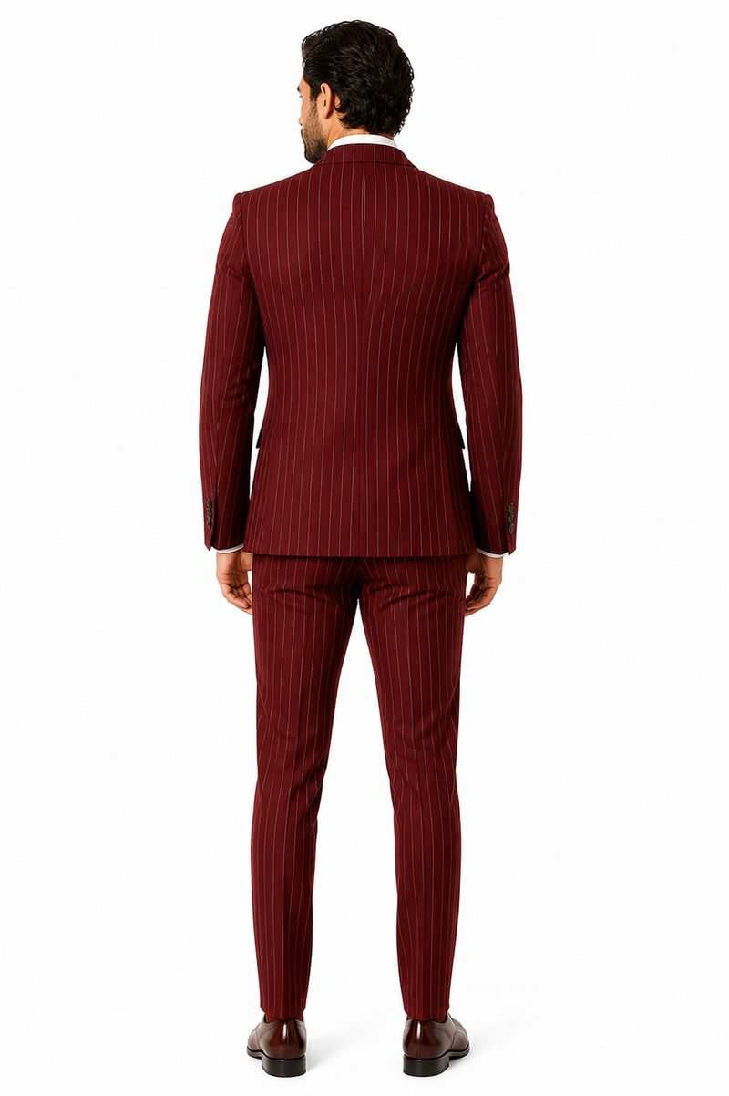 Mens 2 Button Vested 3 Piece Gangster Bold Pinstripe Suit in Burgundy