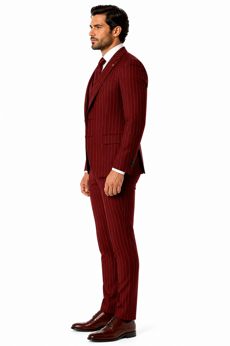 Mens 2 Button Vested 3 Piece Gangster Bold Pinstripe Suit in Burgundy