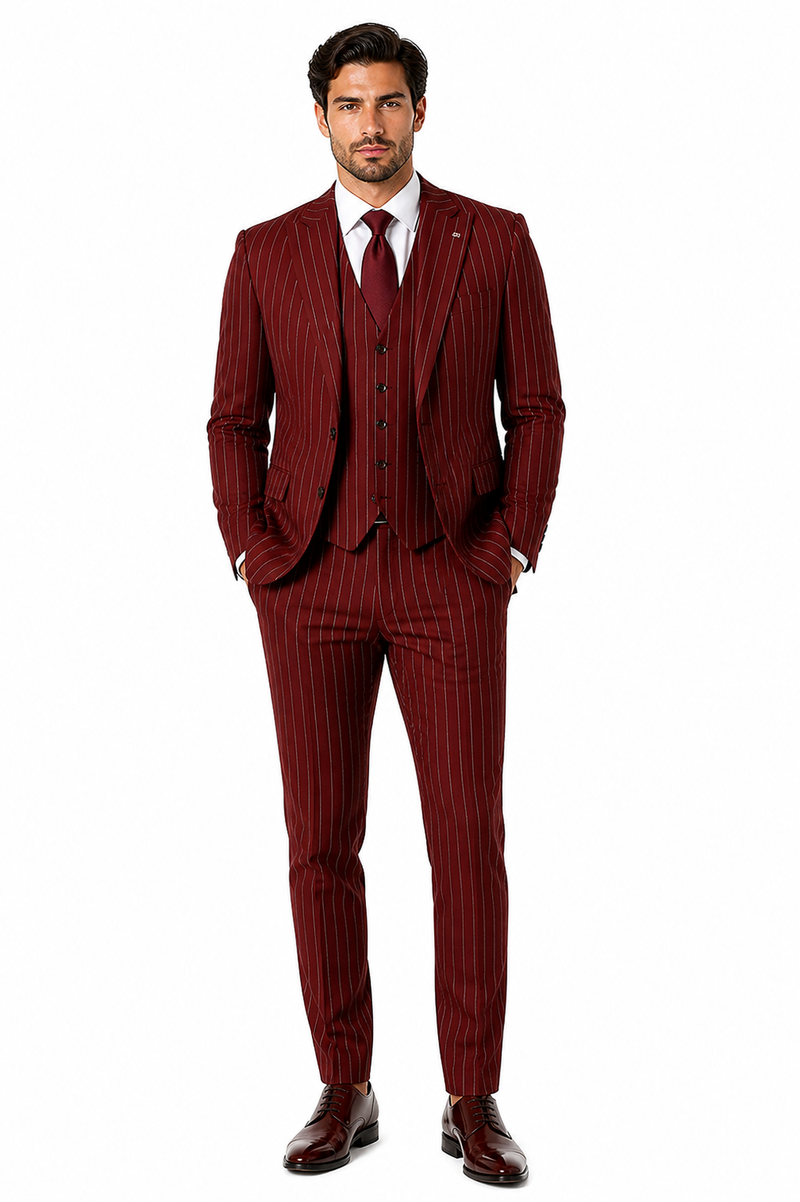Mens 2 Button Vested 3 Piece Gangster Bold Pinstripe Suit in Burgundy