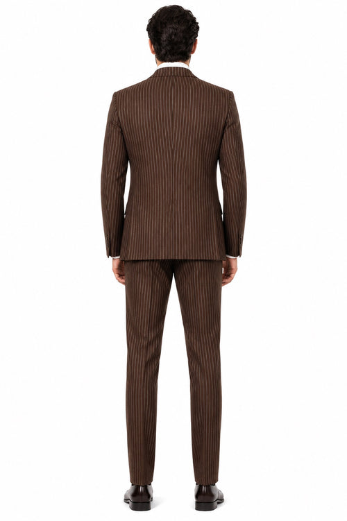 Mens 2 Button Vested Bold Pinstripe Gangster Suit in Brown