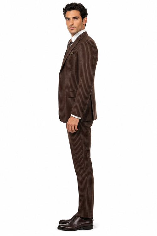 Mens 2 Button Vested Bold Pinstripe Gangster Suit in Brown