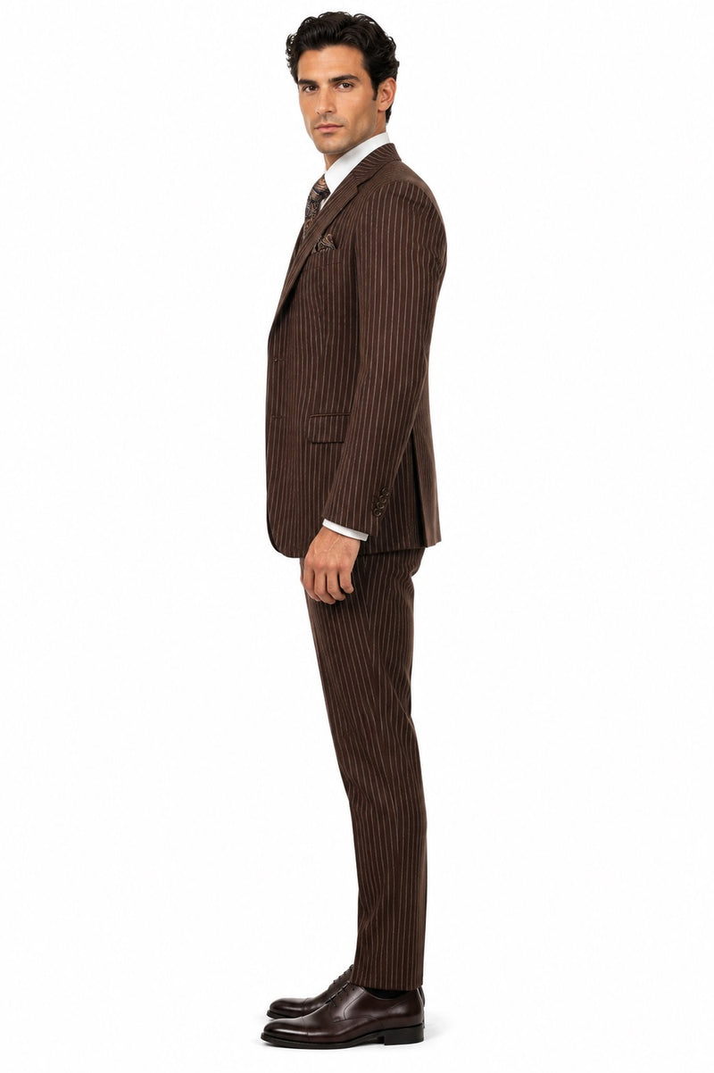 Mens 2 Button Vested Bold Pinstripe Gangster Suit in Brown