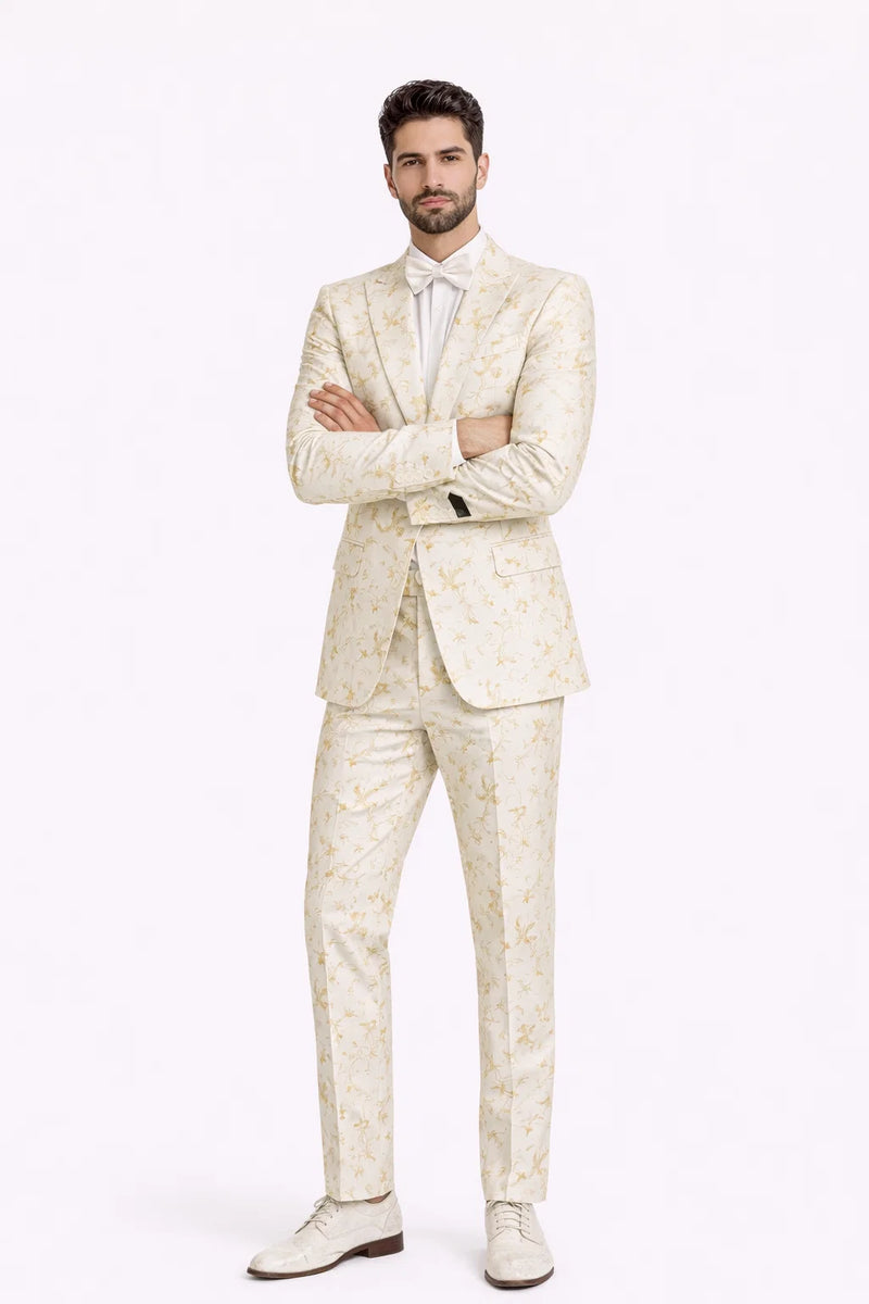 Mens 2 Button White with Gold Foil Floral Paisley Prom and Wedding Tuxedo