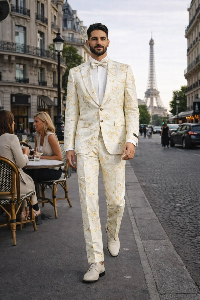 Mens 2 Button White with Gold Foil Floral Paisley Prom and Wedding Tuxedo