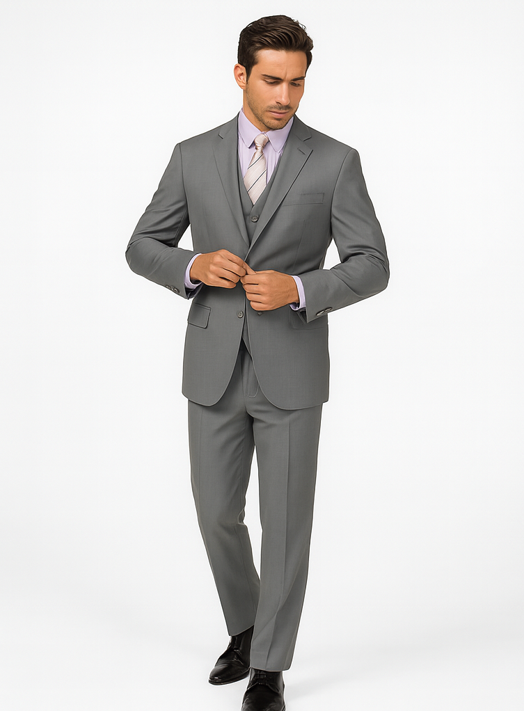 Mens Vested Slim Fit Wool Feel Suit in Medium Grey