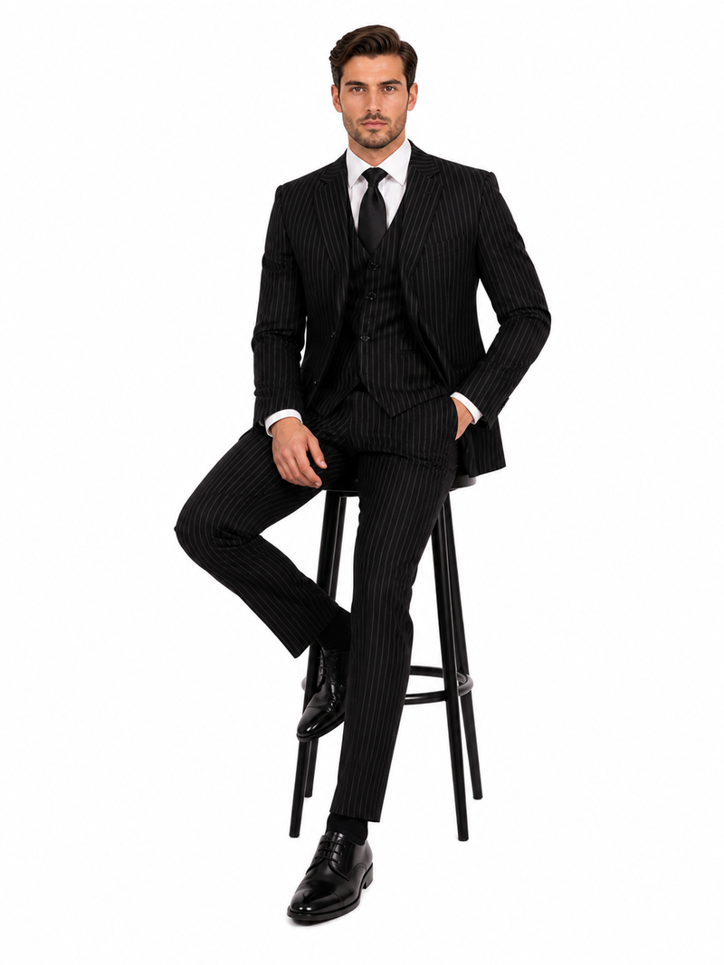 Men's 3-Piece Black Bold White Chalk Bold Pinstripe Vested Cheap Priced Business Suits Clearance Sale