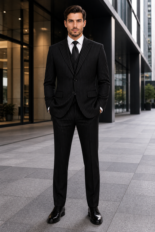 Men's 3-Piece Black Bold White Chalk Bold Pinstripe Vested Cheap Priced Business Suits Clearance Sale