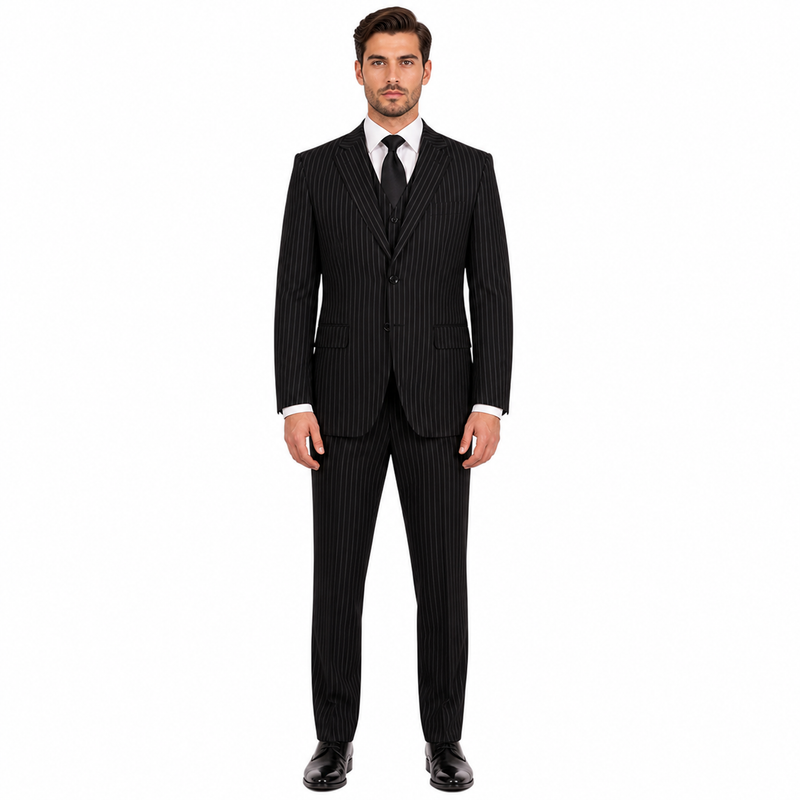 Men's 3-Piece Black Bold White Chalk Bold Pinstripe Vested Cheap Priced Business Suits Clearance Sale