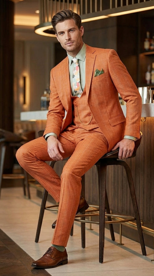 Vinci Mens Orange Three Piece Suit – Orange Windowpane Plaid 3PC Formal Suit for Wedding, Church and Business Holloween Color
