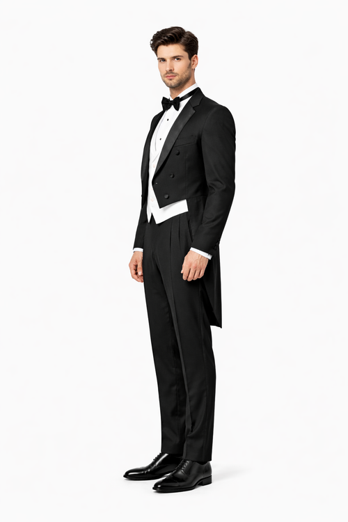 Mens 3pc Vested Classic 6 button Tail Tuxedo in Black