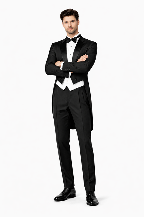 Mens 3pc Vested Classic 6 button Tail Tuxedo in Black