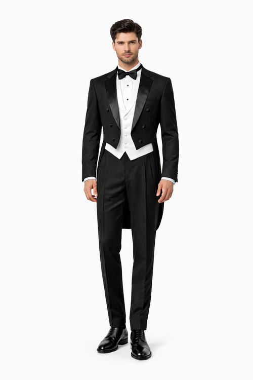 Mens 3pc Vested Classic 6 button Tail Tuxedo in Black