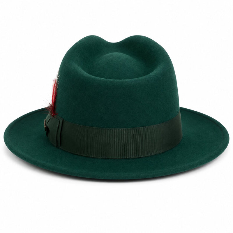 Gangster 100% Australian Wool Crushable Mens Fedora Hat - Removable Feather Gangster Hunter Green Mens Fedora Hat
