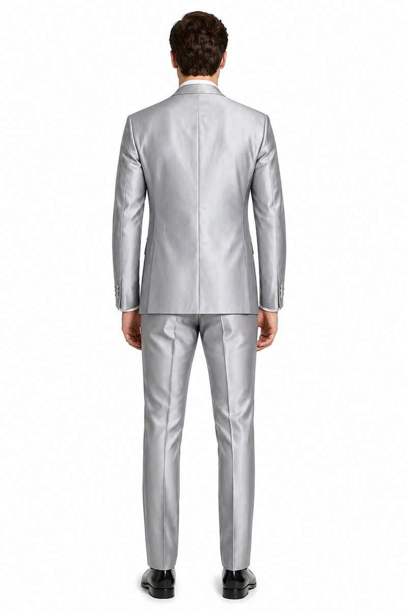 Mens Basic Two Button Slim Fit Shiny Silver Grey Sharkskin Suit