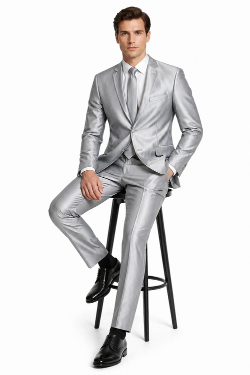 Mens Basic Two Button Slim Fit Shiny Silver Grey Sharkskin Suit