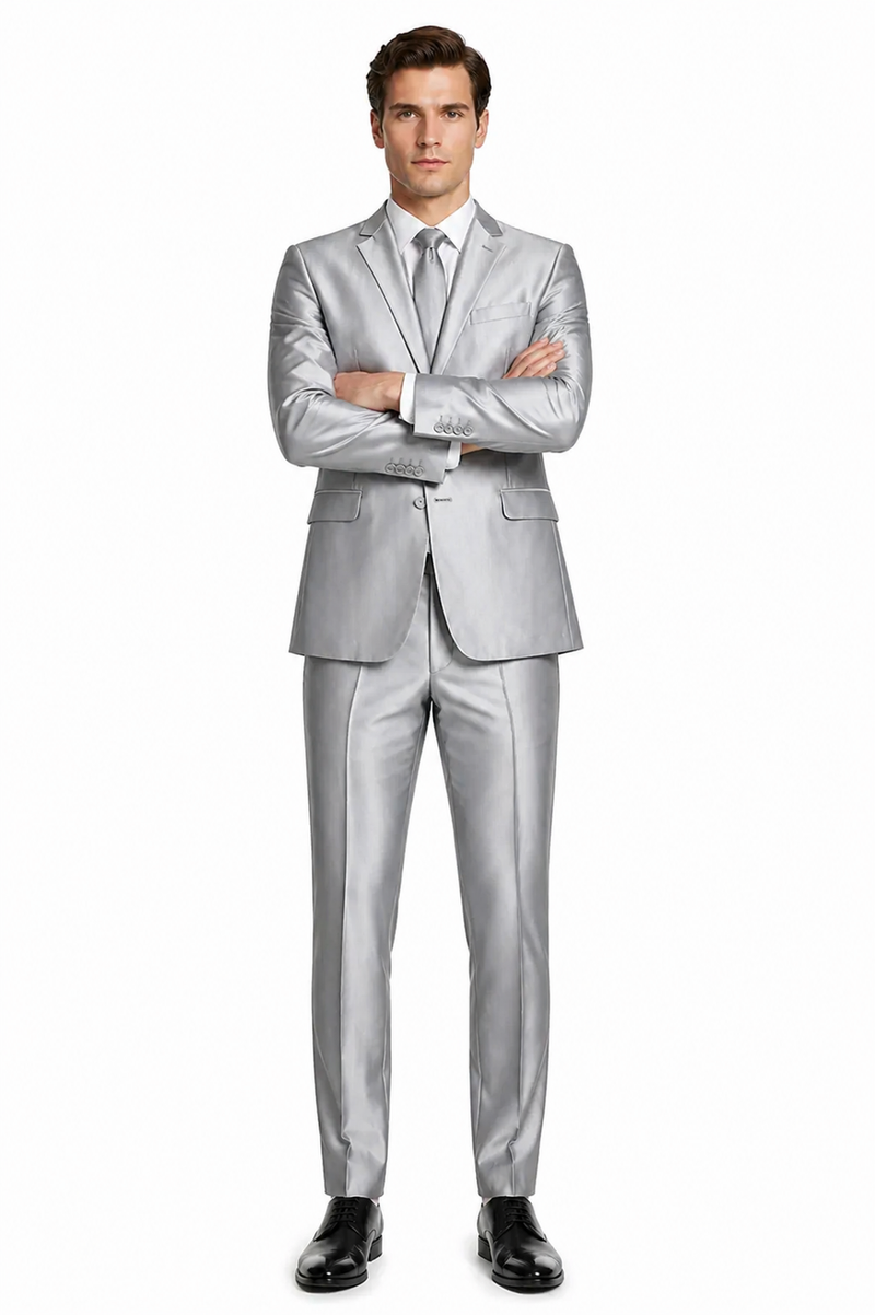 Mens Basic Two Button Slim Fit Shiny Silver Grey Sharkskin Suit