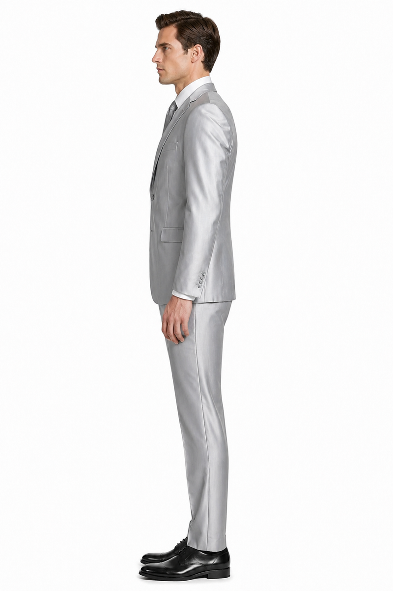 Mens Basic Two Button Slim Fit Shiny Silver Grey Sharkskin Suit