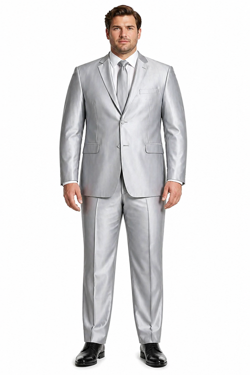 Mens Basic Two Button Slim Fit Shiny Silver Grey Sharkskin Suit