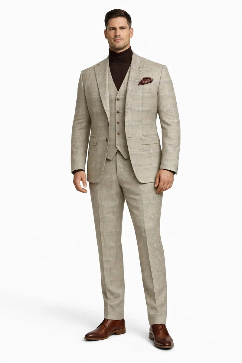 Mens Beige Plaid 3-Piece Suit – Classic Checkered Suit for Weddings, Church Vested Checkered Pattern